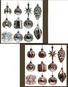 Assorted electroplated Christmas ornaments in Lake Blue and Rose Gold with various shapes