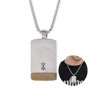 Silver stainless steel pendant necklace with wood inlay and box chain for men