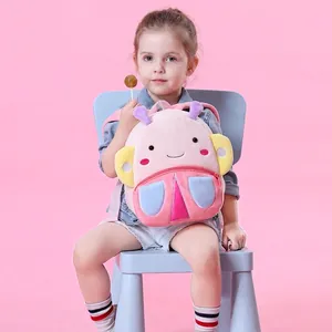 Pink plush cartoon insect backpack for kids with colorful details and soft straps