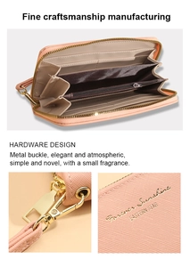 Detail view of pink long wallet showing internal card slots and golden zipper pocket