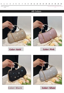 Detail of luxury evening bags in gold, pink, black, and silver with glitter finish