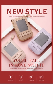 Detailed view of荔枝 texture card holders with zipper, clear ID window, and multi-slots