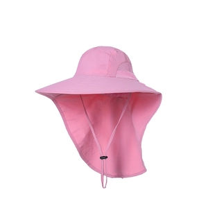 Detailed view of pink sun hat featuring neck flap, breathable mesh, and adjustable chin strap