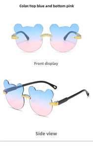 Dettaglio occhiali da sole a orsetto senza montatura con lenti sfumate blu-rosa bimbi