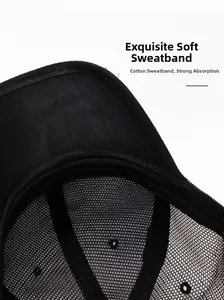 Detail of soft cotton sweatband and breathable mesh on black baseball cap