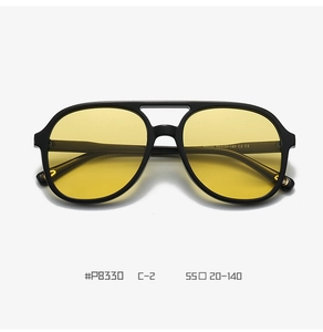 Detail view of model P8330 C-2 yellow lens aviator sunglasses with 55-20-140 size specs