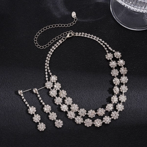 Elegant silver double-layer floral necklace and earring set with sparkling rhinestones