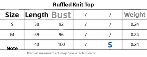 Size chart showing length and bust measurements for the ruffled knit top in S, M, L