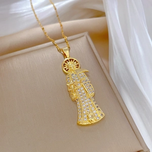 Elegant gold titanium steel necklace featuring a crystal-encrusted grim reaper pendant
