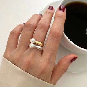 Minimalist S925 silver open ring set with elegant white pearls and sleek flowing lines