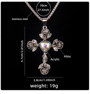 Detailed specs of rose cross necklace with size 5.1x3.8cm and 70cm stainless steel chain