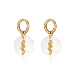 Golden hoop earrings with white shell pendants featuring a delicate snake motif detail