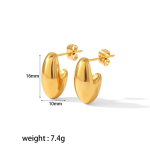 Polished 18K gold stainless steel oval stud earrings, 16mm height with mirror finish