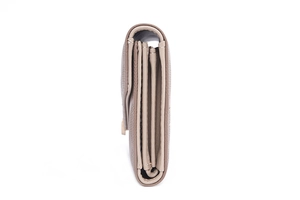 Side view of multi-layer taupe PU leather wallet showing gusseted accordion structure