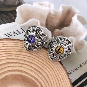 Retro punk demon eye adjustable open rings in antique silver with purple and yellow stones