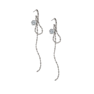 Minimalist silver titanium steel earrings with crystal stud and long bead chain tassels