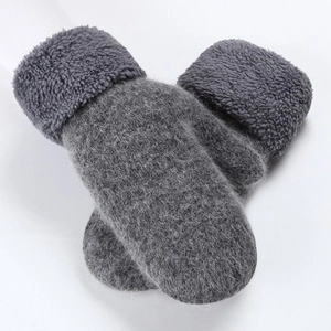 Thick warm dark grey plush mittens for women with soft double-layer fleece texture