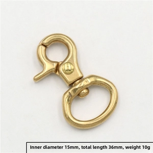 Detail of 15mm solid brass lobster clasp snap hook for DIY leather craft and bag hardware