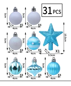 Size chart showing 31-piece blue and white Christmas tree ornaments set with dimensions