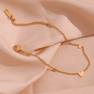 18K gold plated stainless steel chain bracelet with heart pendants on pink silk