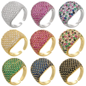 Full Pave Round Cubic Zirconia Brass Ring Wide Band Open Adjustable Western Style Fashion Jewelry For Women