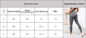 Detailed size chart for maternity leggings showing length, waist, and hip measurements