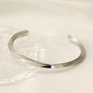 Elegant silver Mobius twist C-shape open bangle made of durable stainless steel