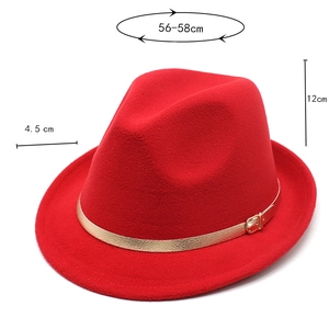 Detail showing dimensions of red wool fedora hat with golden buckle belt decoration