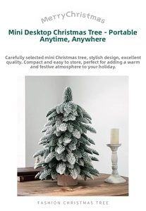 Mini PE flocked Christmas tree with realistic snow effect and natural wooden base for desk