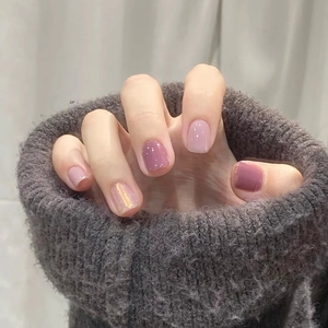 Dreamy Taro Purple Press On Nails Short Square Round Shape Glitter Cat Eye Glossy Artificial False Nails For Women
