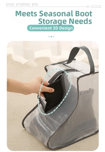 Detail view of white mesh tall boot storage bag with durable zipper and carry handle