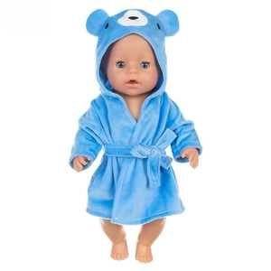 Close-up of light blue plush hooded bathrobe with bear ears for 18 inch dolls