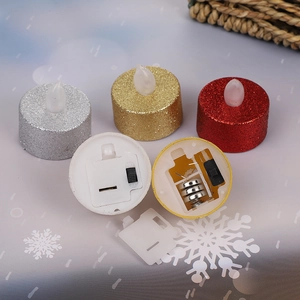 Glitter LED tea light candles in gold silver and red with ON OFF switch details