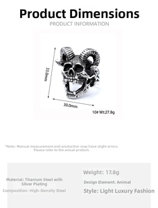 Macro view of gothic ram skull ring showing dimensions 33mm by 30mm on white background