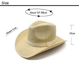 Size chart for beige straw cowboy hat showing 58cm head circumference and 9cm brim