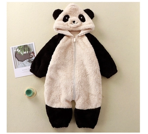 Close-up of soft fleece fabric and cute panda ear hood on infant winter jumpsuit