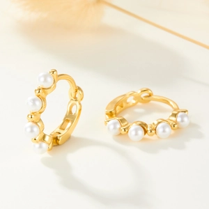 Elegant gold geometric pearl hoop earrings in S925 sterling silver with a vintage style