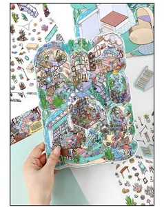 Detailed close-up of a DIY 3D villa scenery sticker with miniature interior design elements