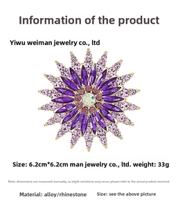 Detail of purple sunflower brooch with rhinestones showing 6.2cm size and 33g weight