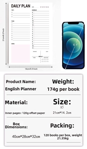 Detailed view of the A5 English daily planner with 120g offset paper and functional layout