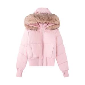 Women's pink hooded jacket with faux fur trim and full zipper on a plain white background