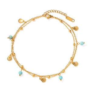 French vintage double-layered turquoise anklet with gold shell pendant and K18 hallmark