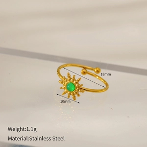 Detailed view of gold stainless steel sun ring with green turquoise stone and dimensions