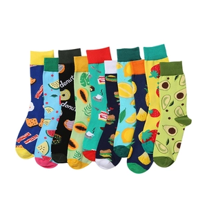 Mid-calf cotton socks with colorful fruit and food patterns like avocado and lemon