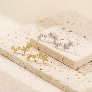 Detail of s925 silver star stud earrings with sparkling crystals in gold and silver
