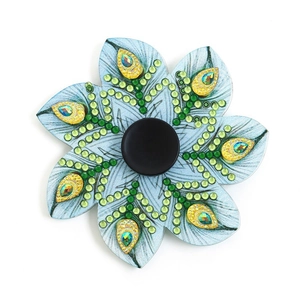 DIY peacock flower fidget spinner with emerald green crystals and iridescent rhinestones