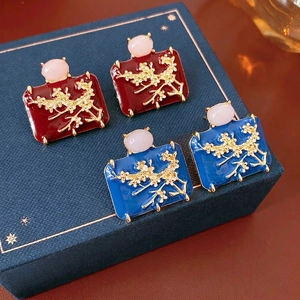 Vintage Square Enamel Earrings Alloy Plum Blossom Relief Geometric Studs With 925 Sterling Silver Earring Post Retro For Women