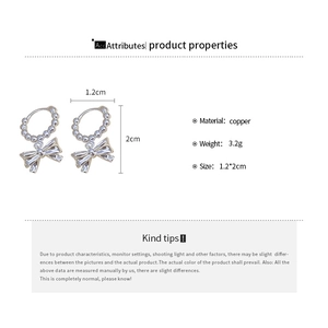 Silver bow knot drop earrings detailed size dimensions 1.2x2cm and copper material info