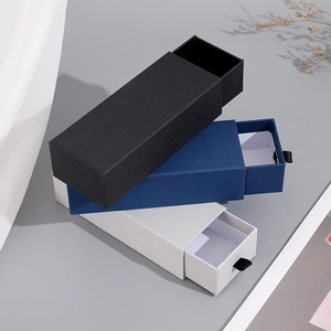 Three premium textured drawer gift boxes in black, navy and beige for jewelry storage