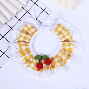 Yellow checkered pet bandana with lace trim and cherry decor for dogs and cats